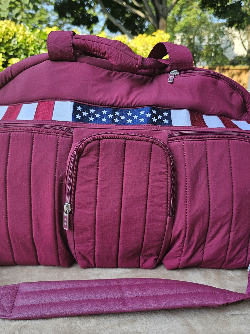 Lug Quilted Maroon Travel Duffel Bag with American Flag Accent